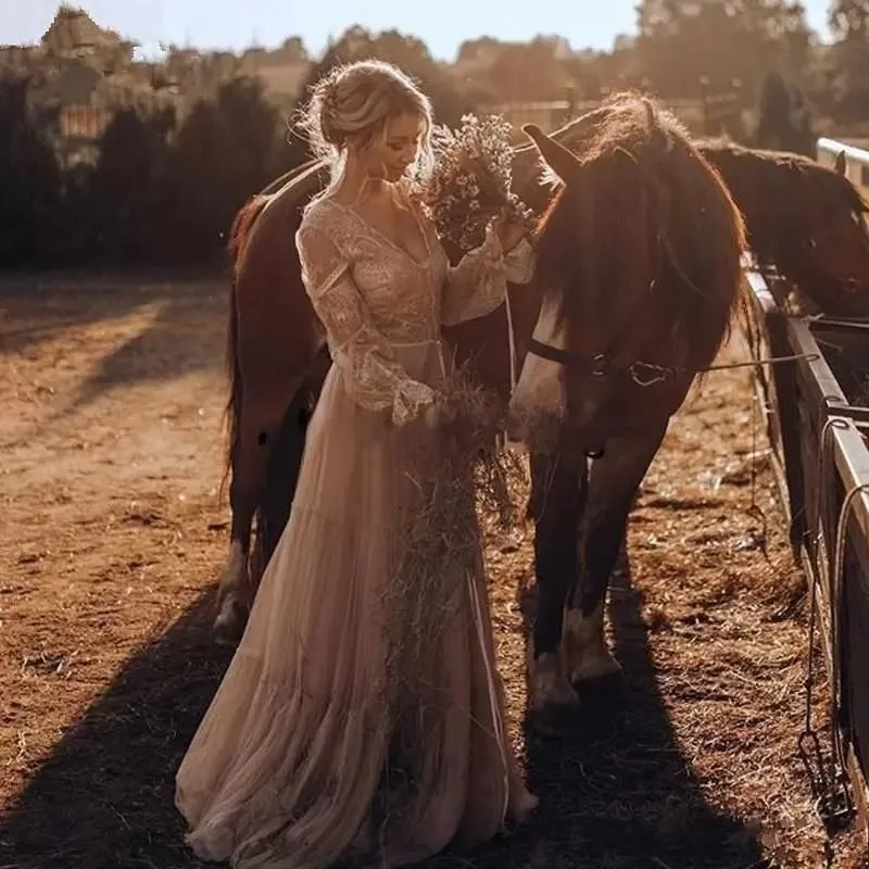 Bohemian Lace Wedding Dress with Long Sleeves - Vintage Inspired Ivory  Bridal Gown, Country Western Hippie Style BC4857